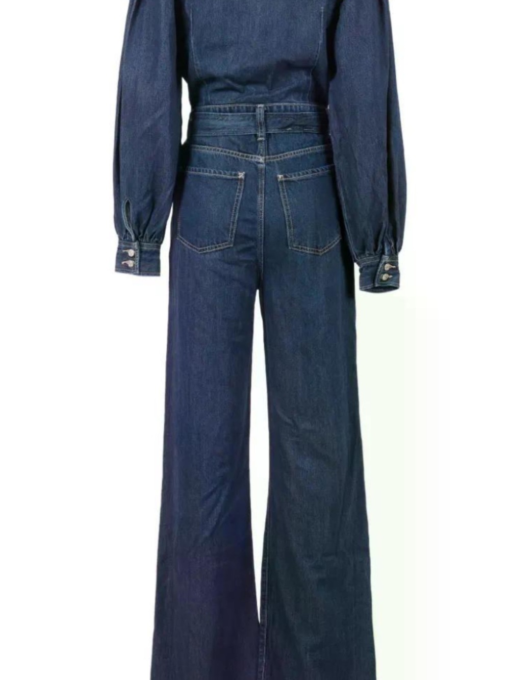 7 For All Mankind Indigo Denim Long-Sleeve Wide-Leg Jumpsuit with Tie Waist - Picture 4 of 8